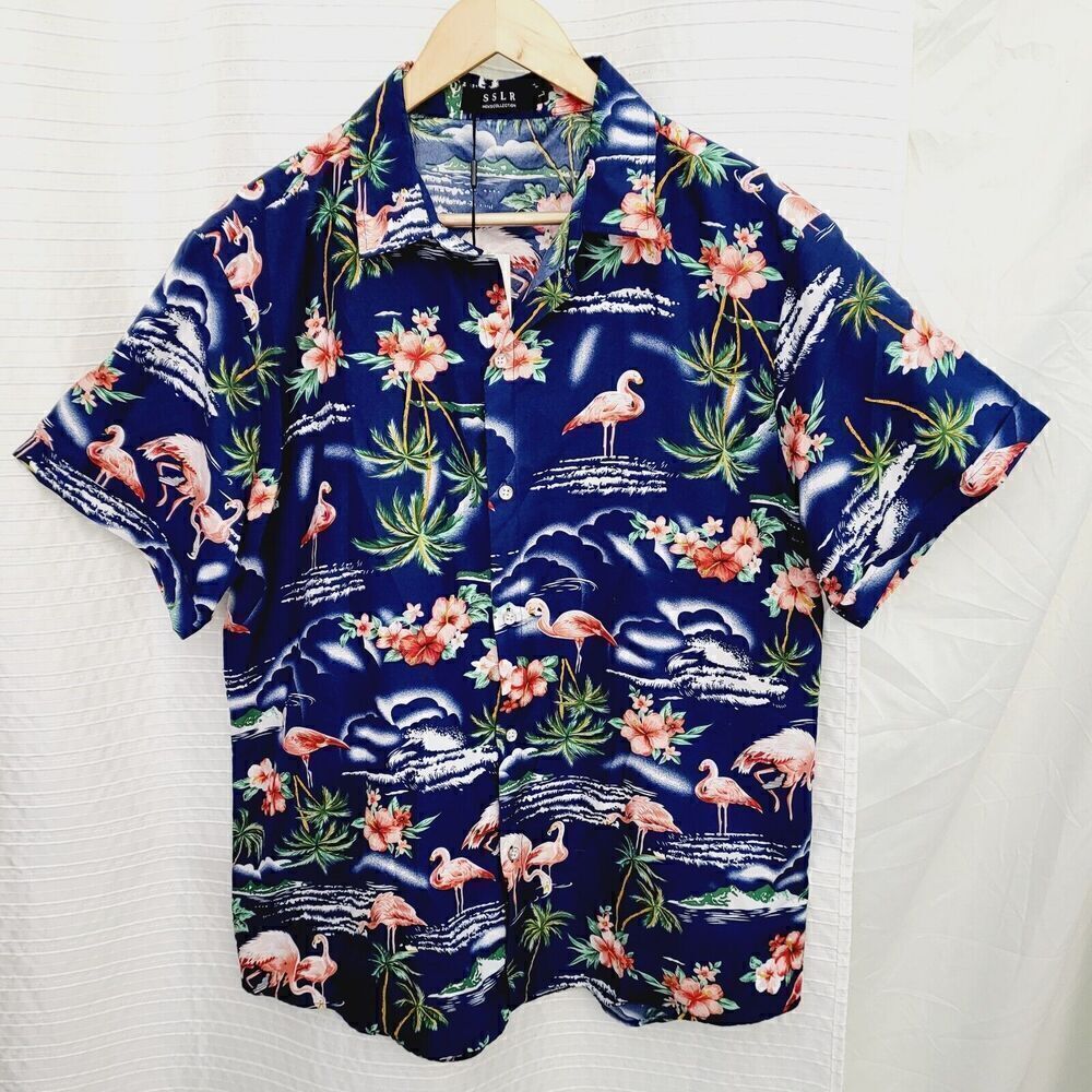 NWT  SSLR Men's Hawaiian Shirt Aloha Flamingos Palms Tropical Blue Pink Size L